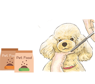 ドッグフードとトリミング中の犬のイラスト
